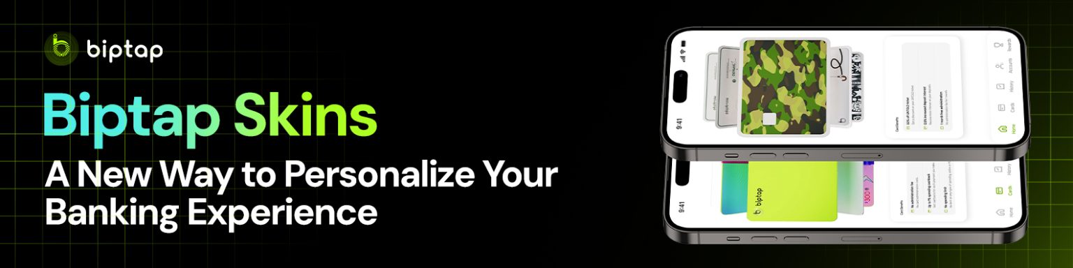 A graphic with the text ' Biptap Skins A New Way to Personalize Your Banking Experience,' featuring a creative visualization of a mobile app interface showcasing different Biptap skins.