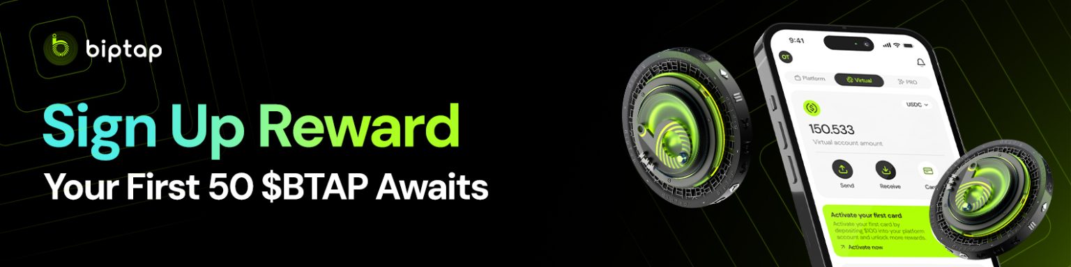 A graphic with the text 'Sign Up Reward: Your First 50 $BTAP Awaits'