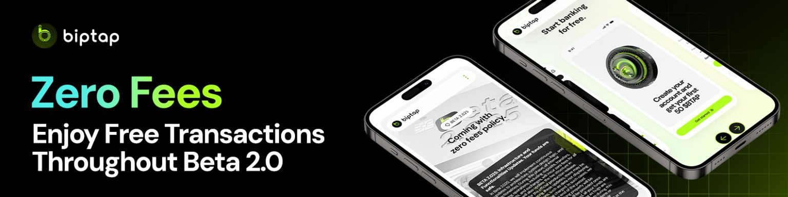 A graphic with the text 'Zero Fees: Enjoy Free Transactions Throughout Beta 2.0'